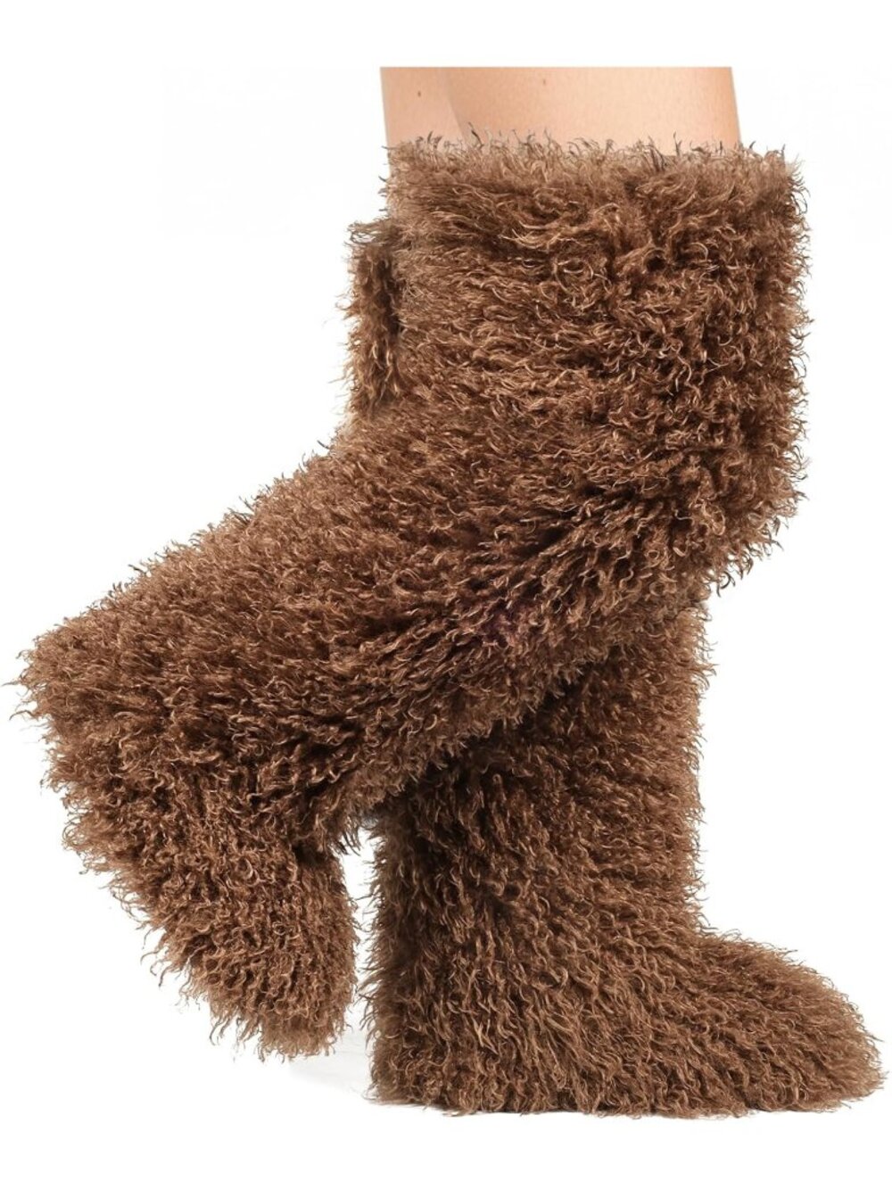 Women's Brown Shaggy Faux Furry Fuzzy Fluffy Flat Knee-High Slouchy Snow Boot